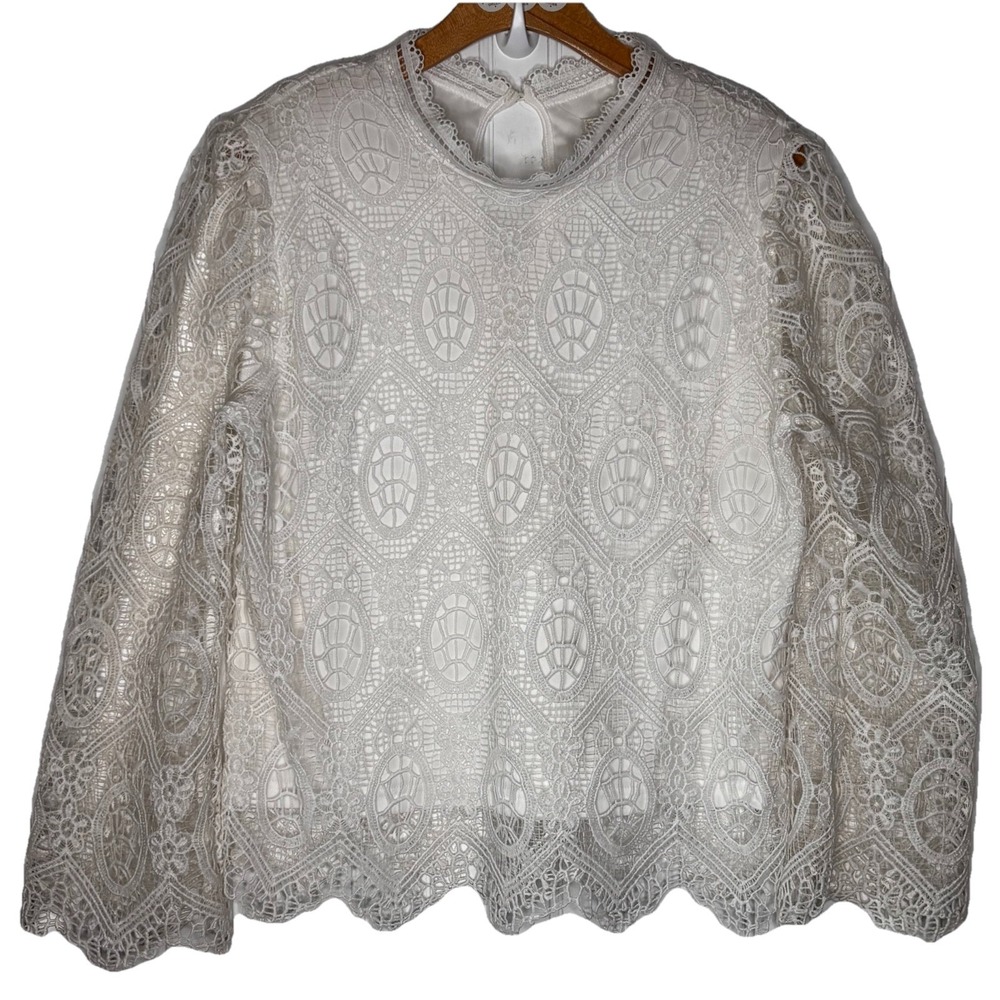Ultra Pink Top LG White Lace‎ Bell Sleeve Scallop Hem Romantic Fairy Coquette